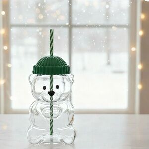 Clear Bear Shaped Tumbler with Green Straw